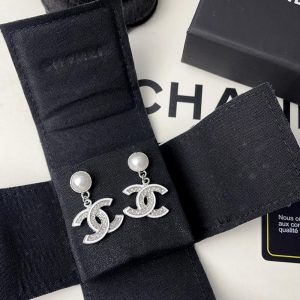 CHANEL DOUBLE C PEARL EARRINGS SILVER WHITE