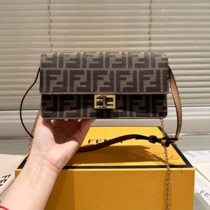 FENDI WALLET ON CHAIN BAGUETTE  FF FABRIC BROWN 21CM 8M0498A98PF0A6E