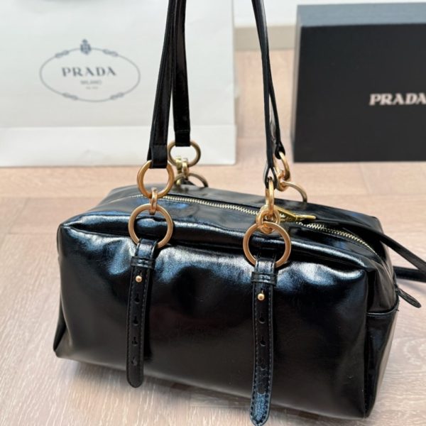 PRADA DANGLE MEDIUM LEATHER TOP HANDLE BAG BLACK 29CM 1BB138 2CYR F0002 V OOO