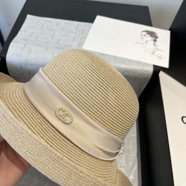 CELINE  RAFFIA  CURLED BRIM HAT WITH SATIN WHITE