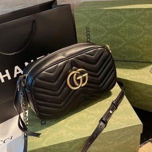 SUMMER SET: GUCCI MARMONT SMALL MATELASSE SHOULDER BAG BLACK & PRINCETOWN GG SLIPPERS LEATHER BLACK