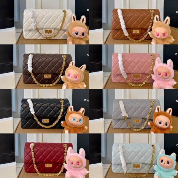 CHANEL 2.55 HANDBAG GOLD TONE METAL LIGHT BLUE 25CM