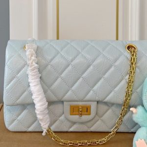 CHANEL 2.55 HANDBAG GOLD TONE METAL LIGHT BLUE 25CM