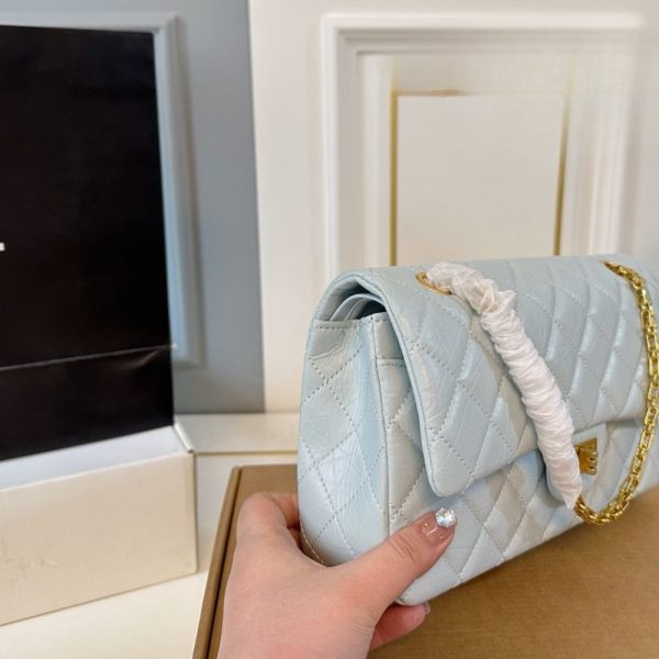 CHANEL 2.55 HANDBAG GOLD TONE METAL LIGHT BLUE 25CM