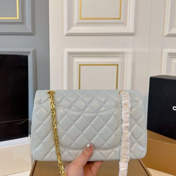 CHANEL 2.55 HANDBAG GOLD TONE METAL LIGHT BLUE 25CM
