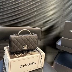 CHANEL SMALL FLAP BAG WITH TOP HANDLE SILVER TONE METAL BLACK 19CM AS5555 B20557 94305