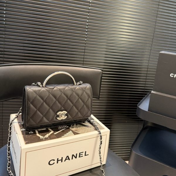 CHANEL SMALL FLAP BAG WITH TOP HANDLE SILVER TONE METAL BLACK 19CM AS5555 B20557 94305