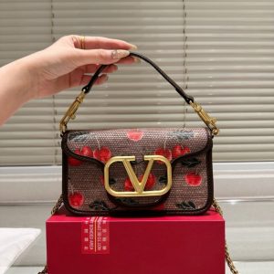 VALENTINO GARAVANI LOCÒ CHERRYFIC MOTIF SMALL SHOULDER BAG BROWN 20CM