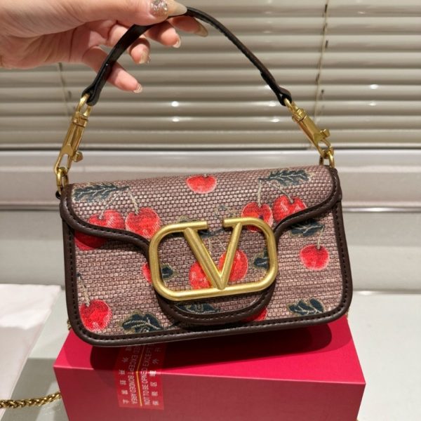 VALENTINO GARAVANI LOCÒ CHERRYFIC MOTIF SMALL SHOULDER BAG BROWN 20CM