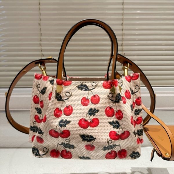 VALENTINO GARAVANI VLOGO SIGNATURE CHERRYFIC MOTIF BAG BEIGE 26CM