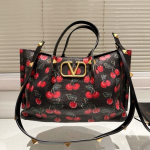 VALENTINO GARAVANI VLOGO SIGNATURE CHERRYFIC MOTIF BAG BLACK 26CM
