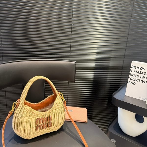 SUMMER SET: MIUMIU WANDER WICKER HOBO BAG TAN AND CARAMEL 13CM & MIUMIU RAFFIA EFFECT WOVEN FABRIC SLIDES NATURAL