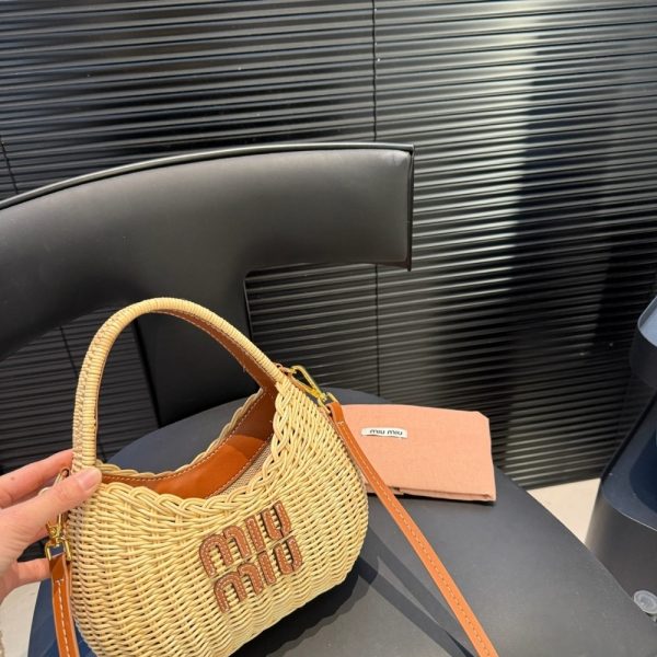 SUMMER SET: MIUMIU WANDER WICKER HOBO BAG TAN AND CARAMEL 13CM & MIUMIU RAFFIA EFFECT WOVEN FABRIC SLIDES NATURAL