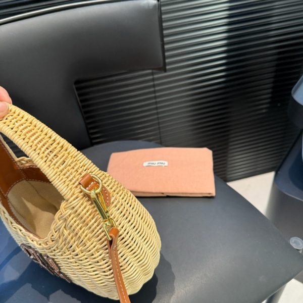 SUMMER SET: MIUMIU WANDER WICKER HOBO BAG TAN AND CARAMEL 13CM & MIUMIU RAFFIA EFFECT WOVEN FABRIC SLIDES NATURAL