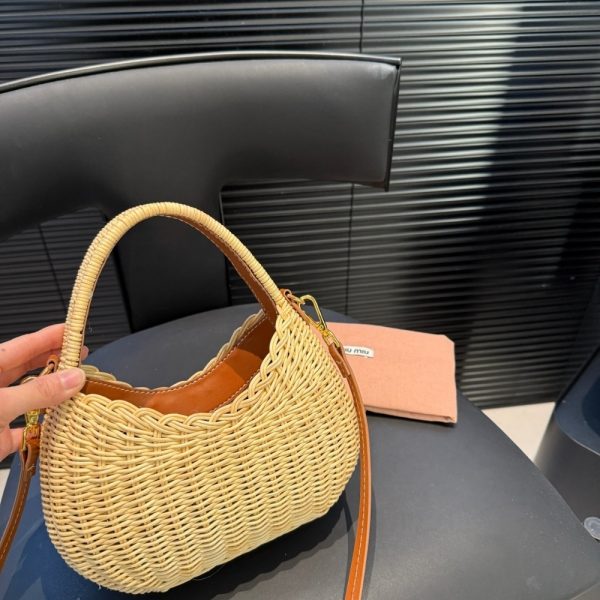 SUMMER SET: MIUMIU WANDER WICKER HOBO BAG TAN AND CARAMEL 13CM & MIUMIU RAFFIA EFFECT WOVEN FABRIC SLIDES NATURAL