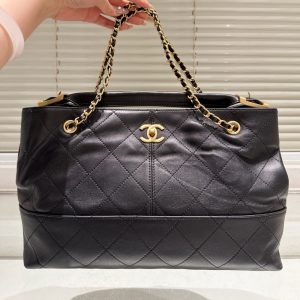 CHANEL SHOPPING BAG GOLD TONE MENTAL BLACK 36CM AS5657 B20829 94305