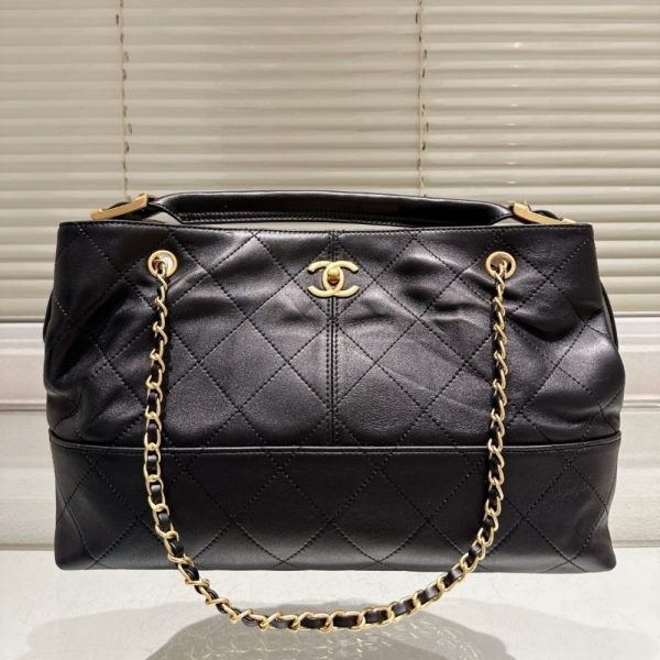 CHANEL SHOPPING BAG GOLD TONE MENTAL BLACK 36CM AS5657 B20829 94305