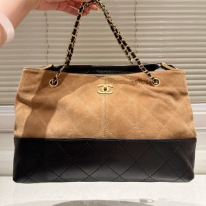 CHANEL SHOPPING BAG GOLD TONE MENTAL BEIGE AND BLACK 36CM AS5657 B20827 U1536