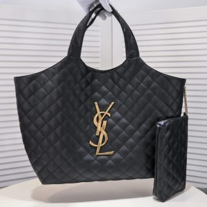 SUMMER SET: SAINT LAURENT ICARE MAXI SHOPPING BAG IN QUILTED BLACK  &  LOGO SLIPPERS BLACK