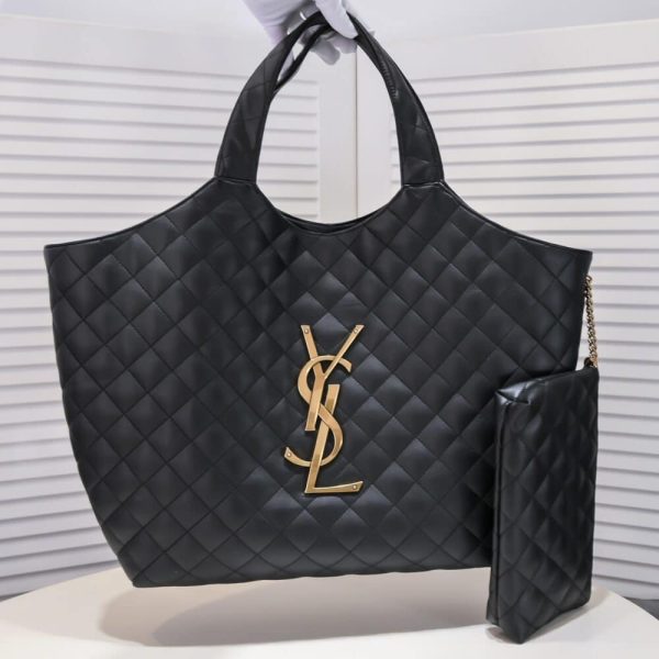 SUMMER SET: SAINT LAURENT ICARE MAXI SHOPPING BAG IN QUILTED BLACK  &  LOGO SLIPPERS BLACK