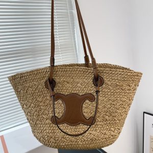 SUMMER SET: CELINE TRIOMPHE PANIER IN RAFFIA AND CALFSKIN TAN & SUNGLASSES METAL OVALE GOLD