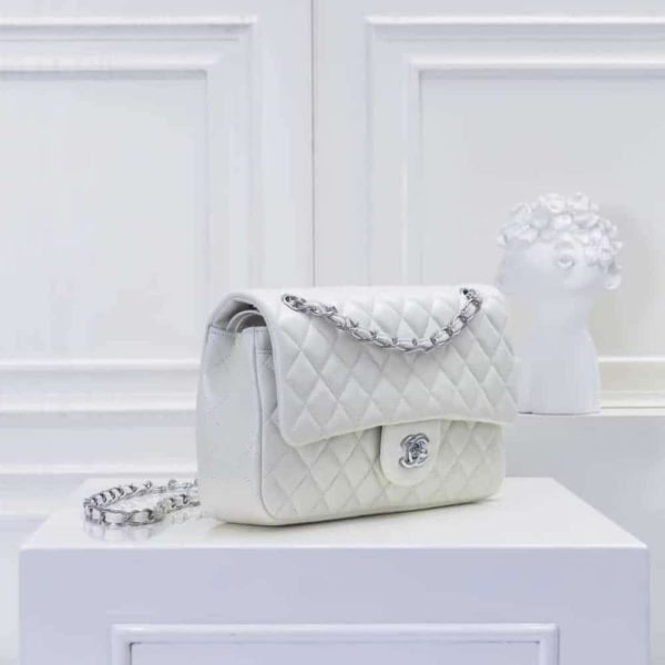 SUMMER SET: CHANEL CLASSIC DOUBLE FLAP BAG WHITE SILVER HARDWARE & SQUARE SUNGLASSES TWEED ACCENT IN WHITE