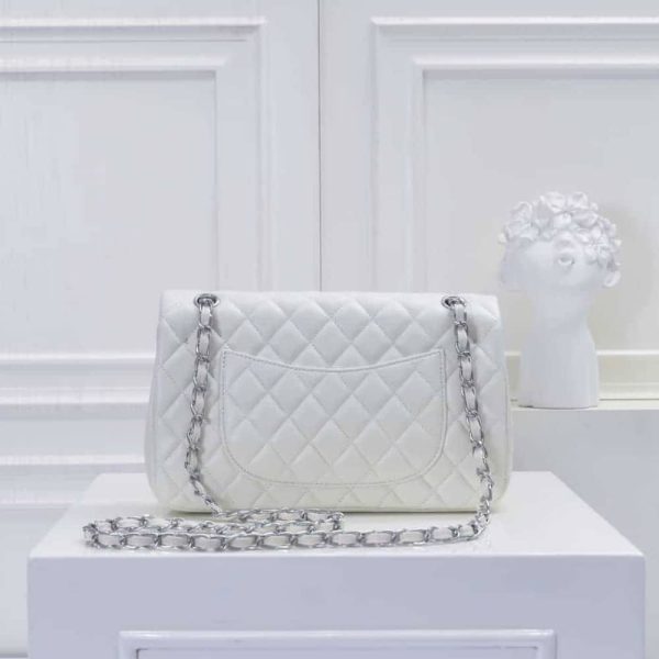 SUMMER SET: CHANEL CLASSIC DOUBLE FLAP BAG WHITE SILVER HARDWARE & SQUARE SUNGLASSES TWEED ACCENT IN WHITE