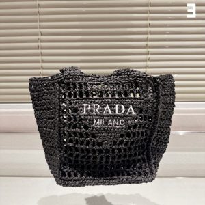 SUMMER SET: PRADA NATURAL RAFFIA LOGO TOTE BLACK 18CM & RAFFIA CRISSCROSS SLIDES BLACK