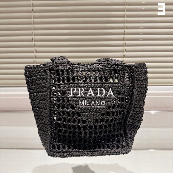 SUMMER SET: PRADA NATURAL RAFFIA LOGO TOTE BLACK 18CM & RAFFIA CRISSCROSS SLIDES BLACK