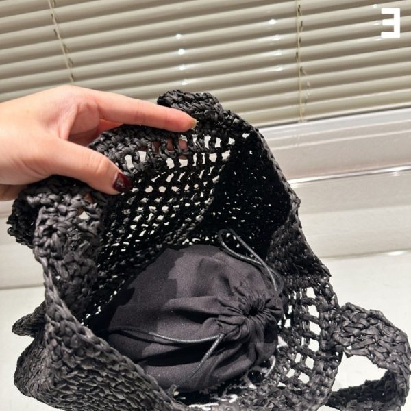 SUMMER SET: PRADA NATURAL RAFFIA LOGO TOTE BLACK 18CM & RAFFIA CRISSCROSS SLIDES BLACK