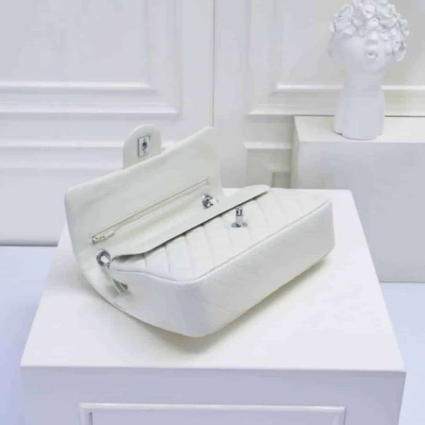 SUMMER SET: CHANEL CLASSIC DOUBLE FLAP BAG WHITE SILVER HARDWARE & SQUARE SUNGLASSES TWEED ACCENT IN WHITE