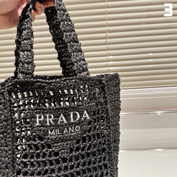 SUMMER SET: PRADA NATURAL RAFFIA LOGO TOTE BLACK 18CM & RAFFIA CRISSCROSS SLIDES BLACK