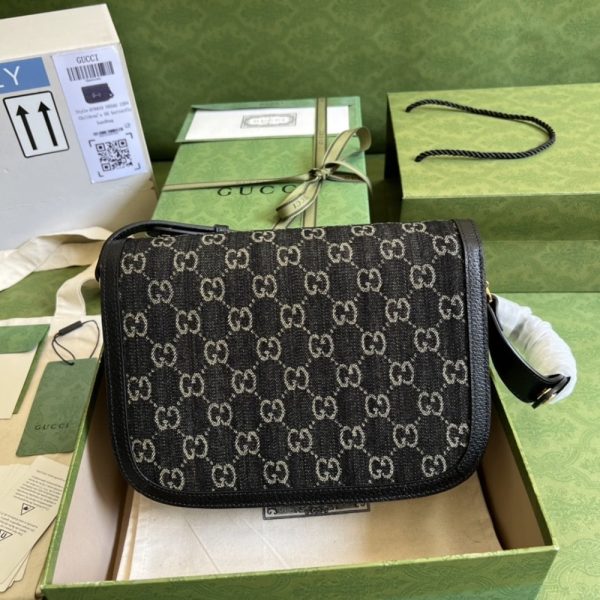 SUMMER SET: GUCCI HORSEBIT 1955 ORIGINAL GG SHOULDER BAG BLACK IVORY & GG DENIM BASEBALL HAT BLACK