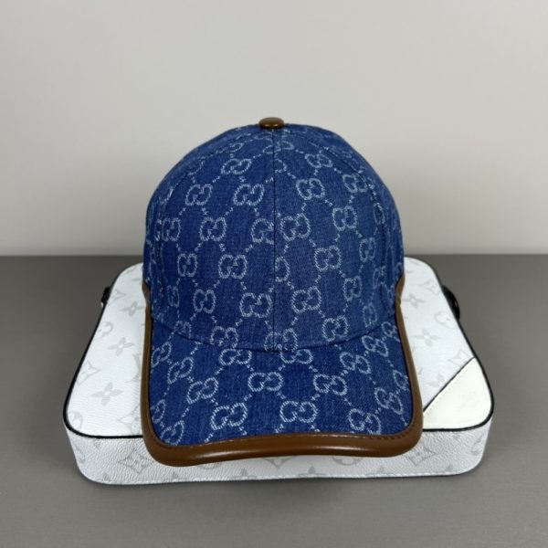 SUMMER SET: GUCCI TOTISSIMA LARGE TOTE BAG DENIM BLUE AND BROWN 30CM & GG DENIM BASEBALL HAT BLUE