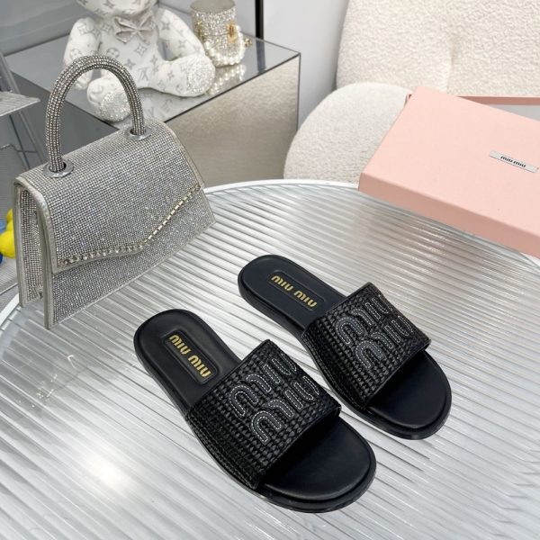 SUMMER SET: MIUMIU WOVEN FABRIC MINI BAG BLACK 22CM & RAFFIA EFFECT WOVEN FABRIC SLIDES BLACK