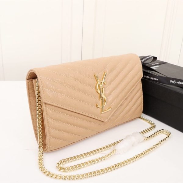 SUMMER SET: SAINT LAURENT CASSANDRE MATELASSÉ CHAIN WALLET IN GRAIN DE POUDRE EMBOSSED BEIGE & SL 692 LIGHT GOLD AND BROWN