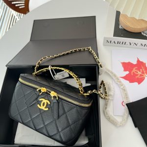 SUMMER SET: CHANEL SMALL VANITY CASE SS22 BLACK & MULTI LETTERS SQUARE SILK SCARF BLACK WHITE