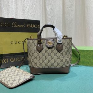 SUMMER SET: GUCCI OPHIDIA MINI TOTE BAG BEIGE AND EBONY 22CM & CANVAS BUCKET HAT WITH DOUBLE G BROWN