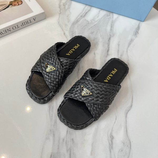 SUMMER SET: PRADA NATURAL RAFFIA LOGO TOTE BLACK 18CM & RAFFIA CRISSCROSS SLIDES BLACK
