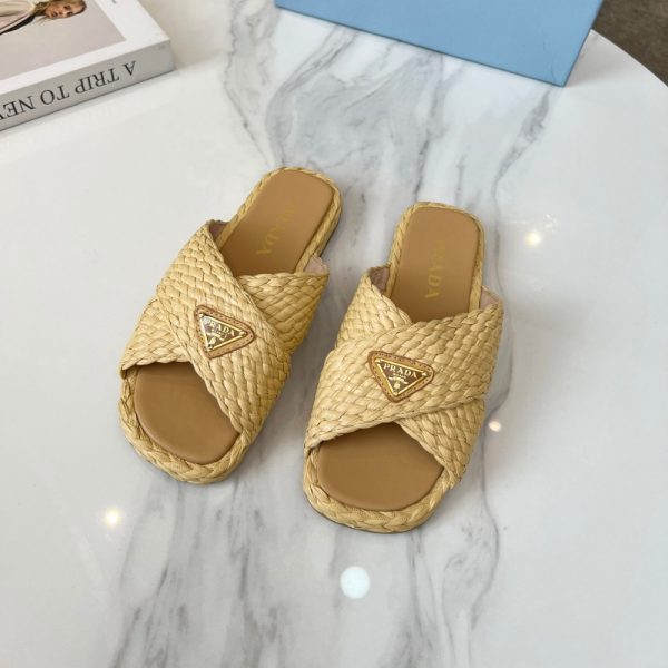 SUMMER SET: PRADA RAFFIA GRASS SMALL CROCHET TOTE BAG NATURAL 22CM & RAFFIA CRISSCROSS SLIDES NATURAL