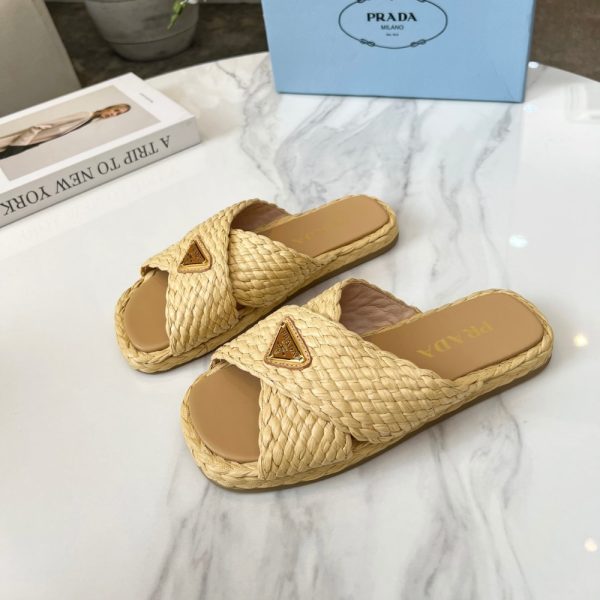 SUMMER SET: PRADA RAFFIA GRASS SMALL CROCHET TOTE BAG NATURAL 22CM & RAFFIA CRISSCROSS SLIDES NATURAL