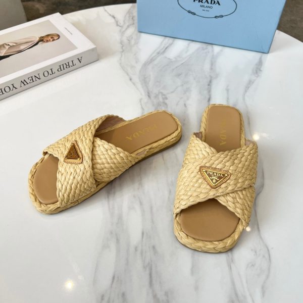 SUMMER SET: PRADA RAFFIA GRASS SMALL CROCHET TOTE BAG NATURAL 22CM & RAFFIA CRISSCROSS SLIDES NATURAL