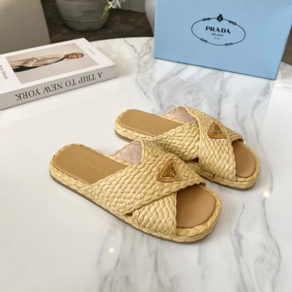 SUMMER SET: PRADA RAFFIA GRASS SMALL CROCHET TOTE BAG NATURAL 22CM & RAFFIA CRISSCROSS SLIDES NATURAL