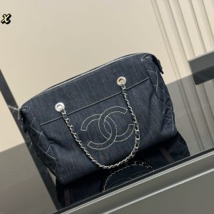 CHANEL BOWLING HANDBAG BLUE DENIM JEANS 32CM