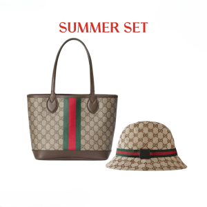 SUMMER SET: GUCCI OPHIDIA SMALL TOTE BAG BEIGE AND EBONY GG 25CM & GG SSIMA SOFT WEB FEDORA HAT BEIGE