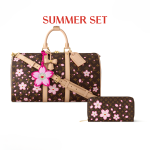 SUMMER SET: LOUIS VUITTON X TAKASHI MURAKAMI KEEPALL BANDOULIÈRE 45 BROWN 45CM & ZIPPY WALLET SAKURA BROWN 19CM