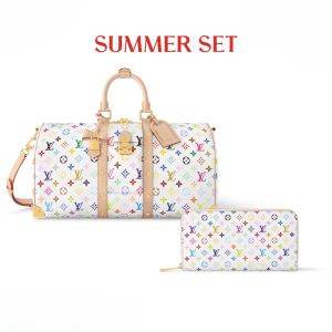 SUMMER SET: LOUIS VUITTON X MURAKAMI KEEPALL BANDOULIÈRE 45 BAG MULTICOLORE BLANC 45CM & ZIPPY WALLET WHITE MULTICOLORED