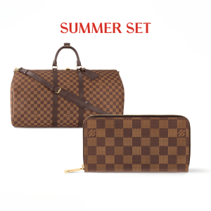 SUMMER SET: LOUIS VUITTON KEEPALL BANDOULIÈRE 55 DAMIER EBENE & ZIPPY WALLET DAMIER EBENE