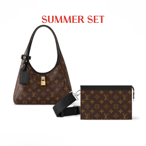 SUMMER SET: LOUIS VUITTON THE DROP PM MONOGRAM BROWN 28CM M1294 & GASTON WEARABLE WALLET MONOGRAM MACASSAR COATED CANVAS BROWN 18CM