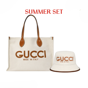 SUMMER SET: GUCCI MEDIUM TOTE BAG WITH GUCCI PRINT BEIGE 28CM & ARNAUD BOB REVERSIBLE BUCKET HAT BEIGE